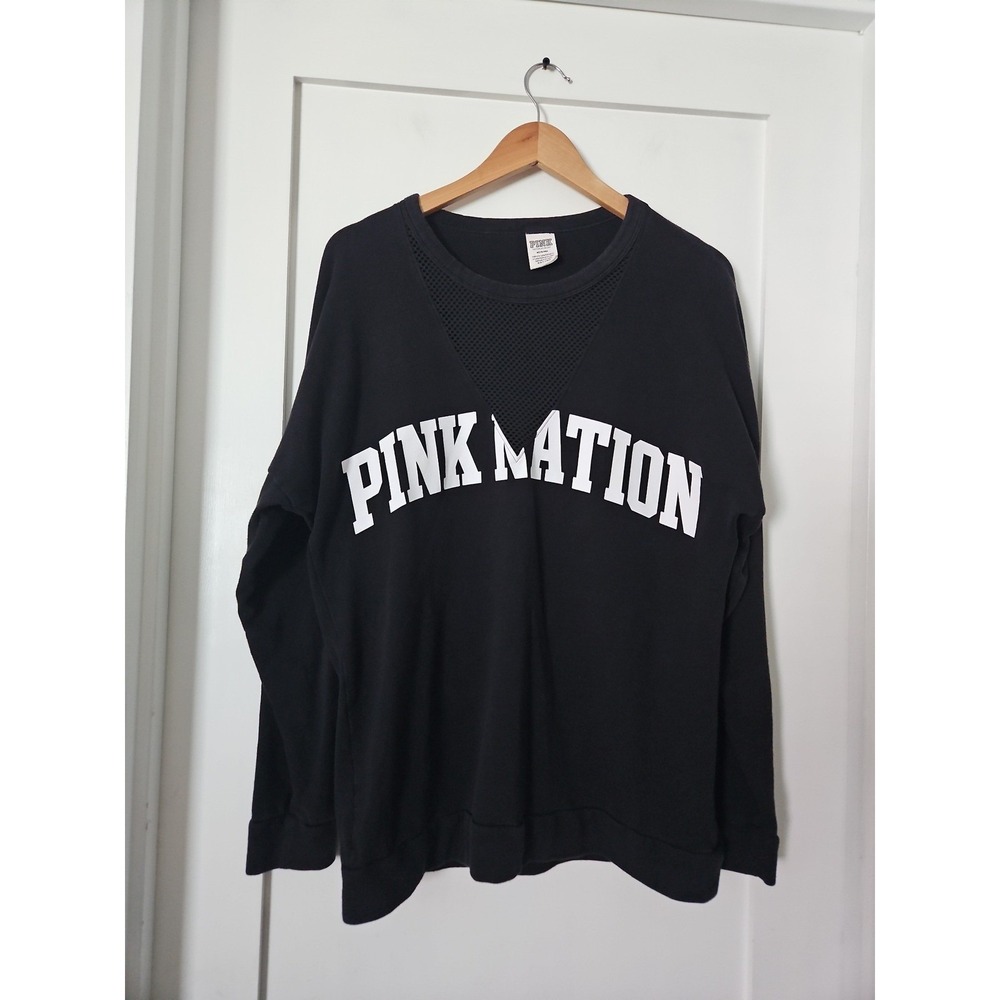 Victoria Secret PINK Nation Sweatshirt M Medium Black Mesh Panel Fleece Slouchy